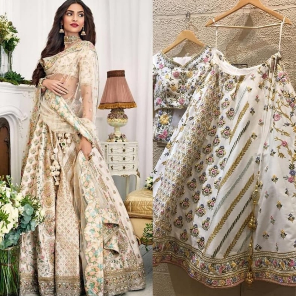 White with floral threadwork Lehenga